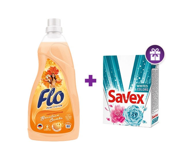 FLO ქსოვილის კონდენციონერი + საჩუქრად Savex სარეცხი ფხვნილი თეთრი და ფერადი