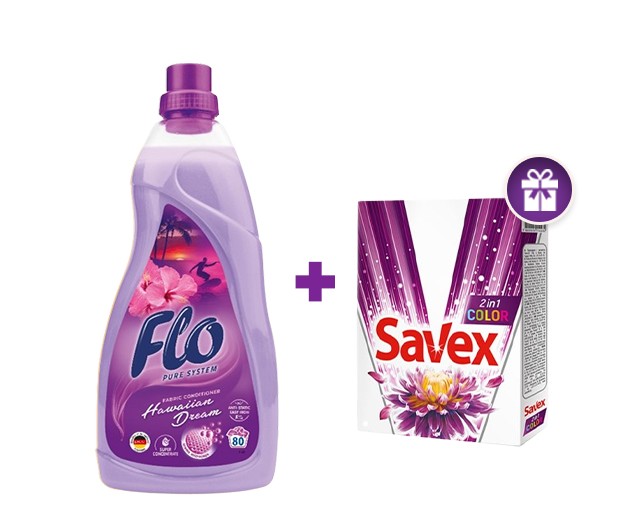 FLO ქსოვილის კონდენციონერი + საჩუქრად Savex სარეცხი ფხვნილი 2-1ში ფერადი