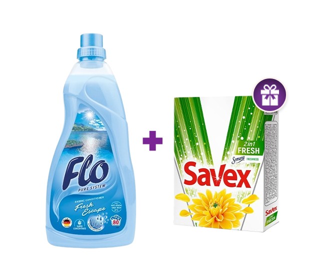 FLO ქსოვილის კონდენციონერი + საჩუქრად Savex სარეცხი ფხვნილი 2-1ში Fresh