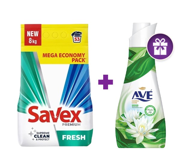 Savex 2-in-1 washing powder fresh 8kg + Ave fabric softener universal 1L