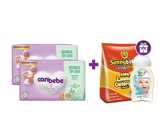 ორი Canbebe N3 + საჩუქრად UNI BABY-ს შამპუნი და sunny baby ბავშვის სარეცხის ფხვნილი 