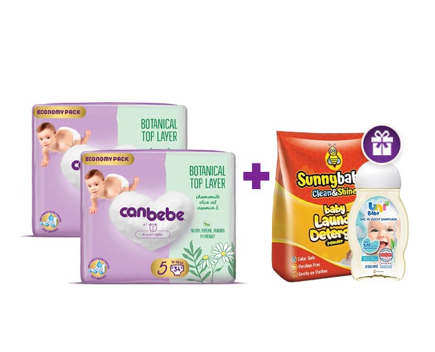 ორი Canbebe N5 + საჩუქრად UNI BABY-ს შამპუნი და sunny baby ბავშვის სარეცხის ფხვნილი 
