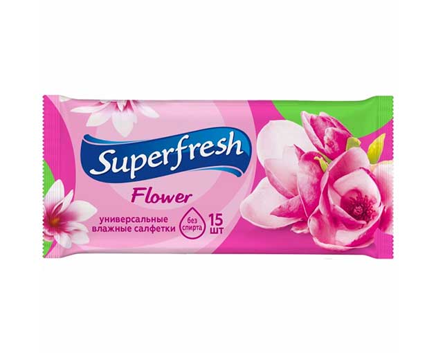 SUPERFRESH სველი ხელსაცოხი ყვავილი 15ც
