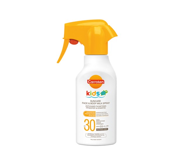 Carroten ბავშვთა სახის და ტანის მზისგან დამცავი რძე-სპრეი SPF 30 270 მლ